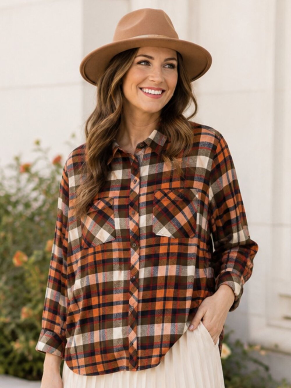 Natural reflection  Plaid Button-Up Shirt - acorn brown green cotton. Large